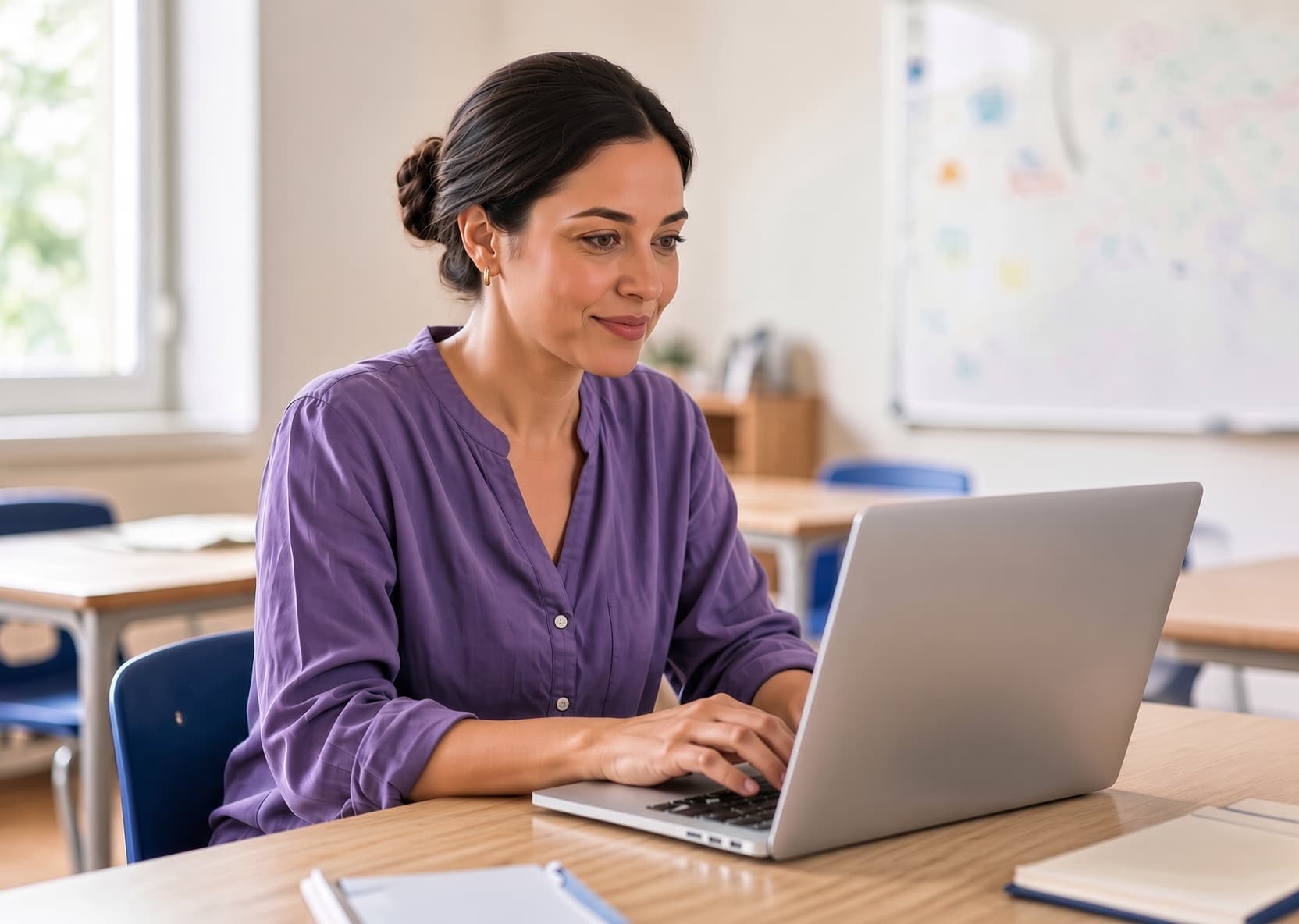 Teacher building a learning game on laptop